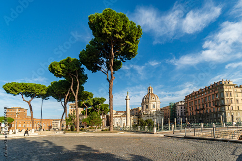 Excavated Forum of Cesari in Rome, Italy with Trajan's Column and the Church of Santa Maria di Loreto in background. photo