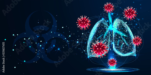 COVID-2019. Hologram of coronavirus on a blue futuristic background. Deadly type of virus 2019-nCoV. 3D models.. Respiratory system. Low poly wireframe style. Vector