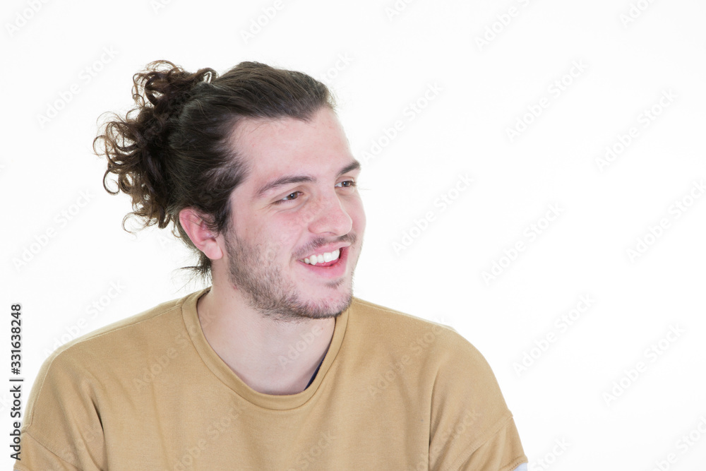 portrait of bearded man looking away aside copy space happy smiling Isolated on white background portrait of bearded man looking away aside copy space happy smiling Isolated on white background