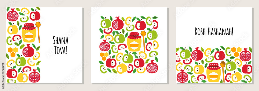 Fototapeta premium Cute set of greeting banner backgrounds with symbols of Jewish New Year holiday Rosh Hashana, Shana Tova