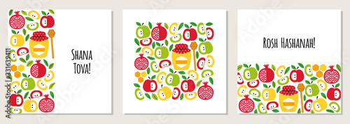 Cute set of greeting banner backgrounds with symbols of Jewish New Year holiday Rosh Hashana, Shana Tova
