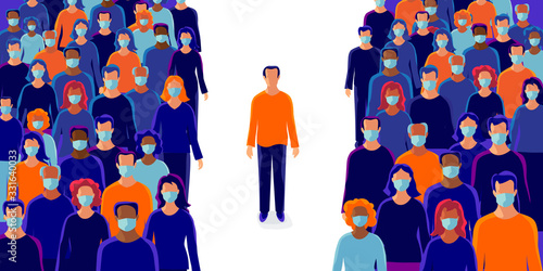 Group of people wearing protection medical face mask to protect and prevent virus, disease, flu, air pollution, contamination, corona. Man person alone standing in isolation in distance from others. 