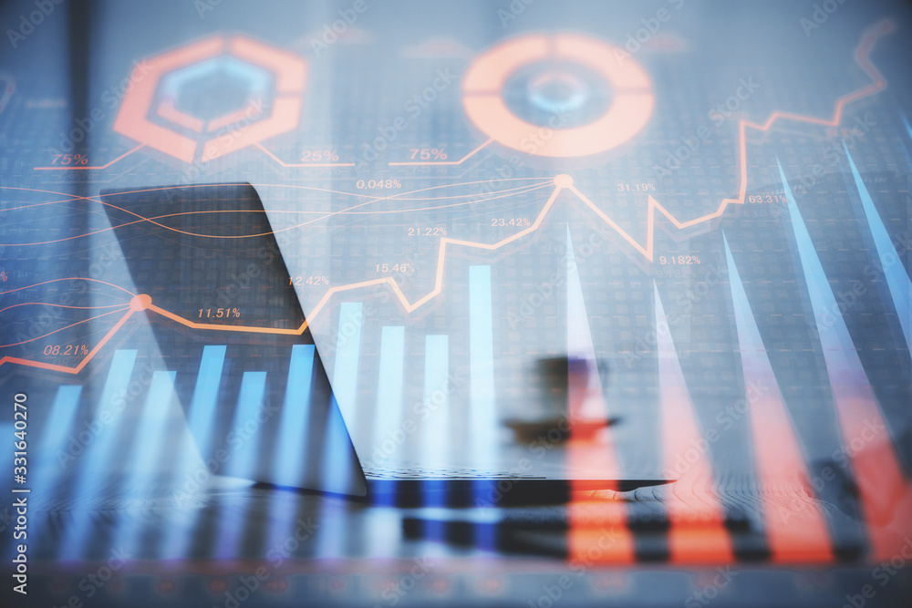 Multi exposure of graph and financial info and work space with computer background. Concept of international online trading. Multi exposure of graph and financial info and work space with computer background. Concept of international online trading.