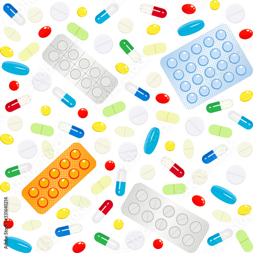 Background with colorful medicines and vitamins on a white. Vector seamless pattern for medical center, pharmacy, hospital. Concept of medicine, health, health care, health service, medical service
