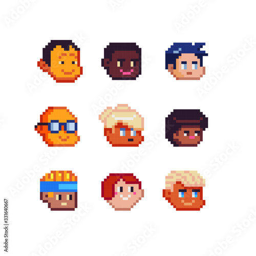 Abstract avatar faces, pixel art people  head characters set design, guy and girl, man with glasses, vector graphic minimalistic style  illustration. Design for game, sticker, app, web and logo. © thepolovinkin