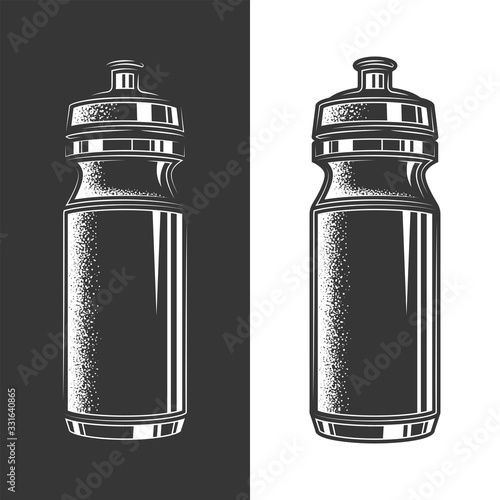 Original monochrome vector illustration. Sports water bottle in vintage style.