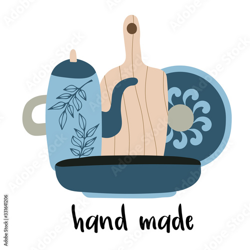 Hand made pottery vector illustration for home and restaurant, hand made shop.   Ceramics or pottery banner to promote your studio. Hand drawn flat logotype.