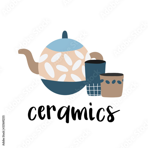 Hand made pottery vector illustration for home and restaurant, hand made shop.   Ceramics or pottery banner to promote your studio. Hand drawn flat logotype.
