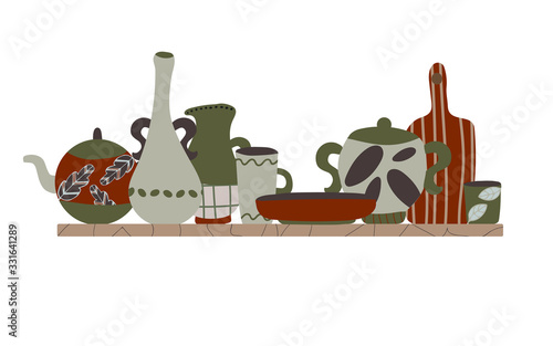 Hand made pottery vector background for home and restaurant, hand made shop.   Ceramics or pottery banner to promote your studio. Hand drawn flat wallpaper.