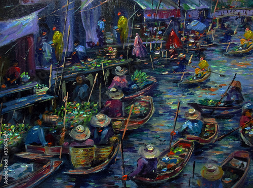 Art painting Oil color Floating market Thai land , rural thailand , Thailand life