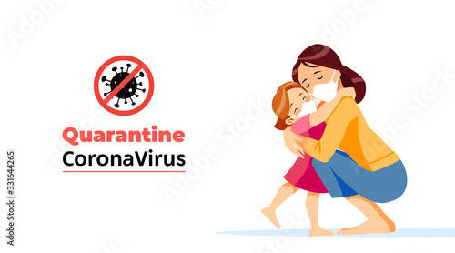 Coronavirus. Quarantine No Infection and Stop Coronavirus Concepts. Mother and child is sitting at home on self-quarantine. Family quarantined coronavirus in protective masks. Normal life in isolation