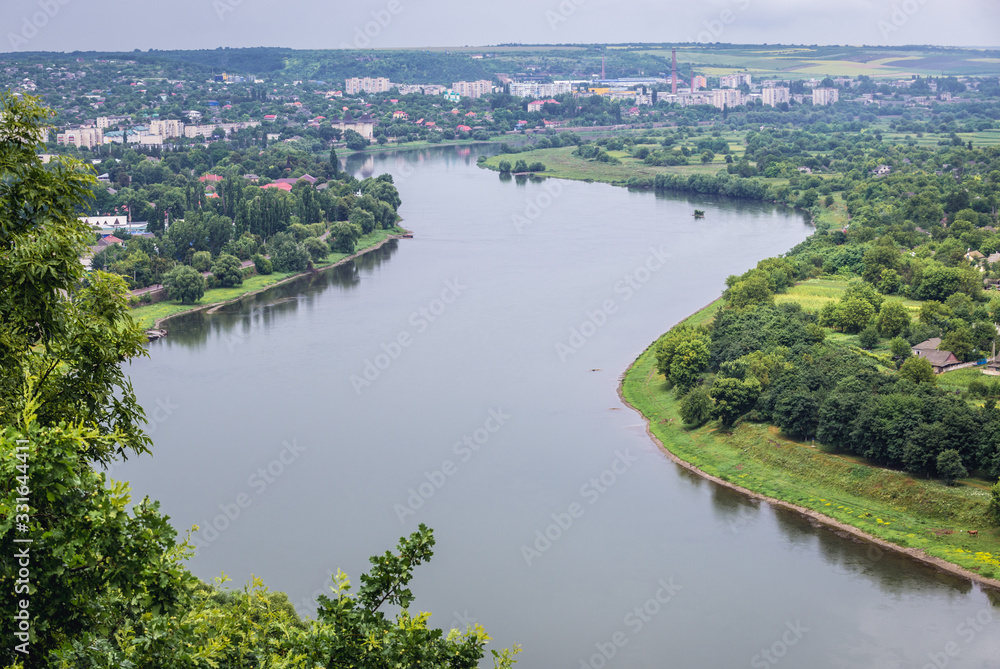 Aerial view from hill in Soroca, Moldova on Dniester River, border between Moldova and Ukraine