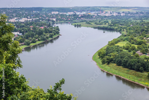 Aerial view from hill in Soroca, Moldova on Dniester River, border between Moldova and Ukraine
