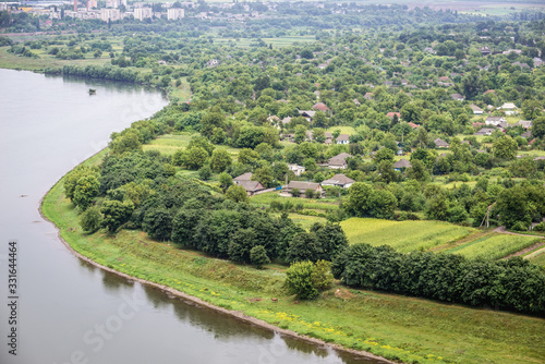 Ukrainian village Tsekynivka over Dniester River, view from hill in Soroca city, Moldova