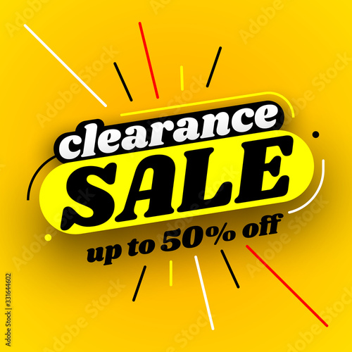Clearance sale banner, up to 50% off. Vector illustration.