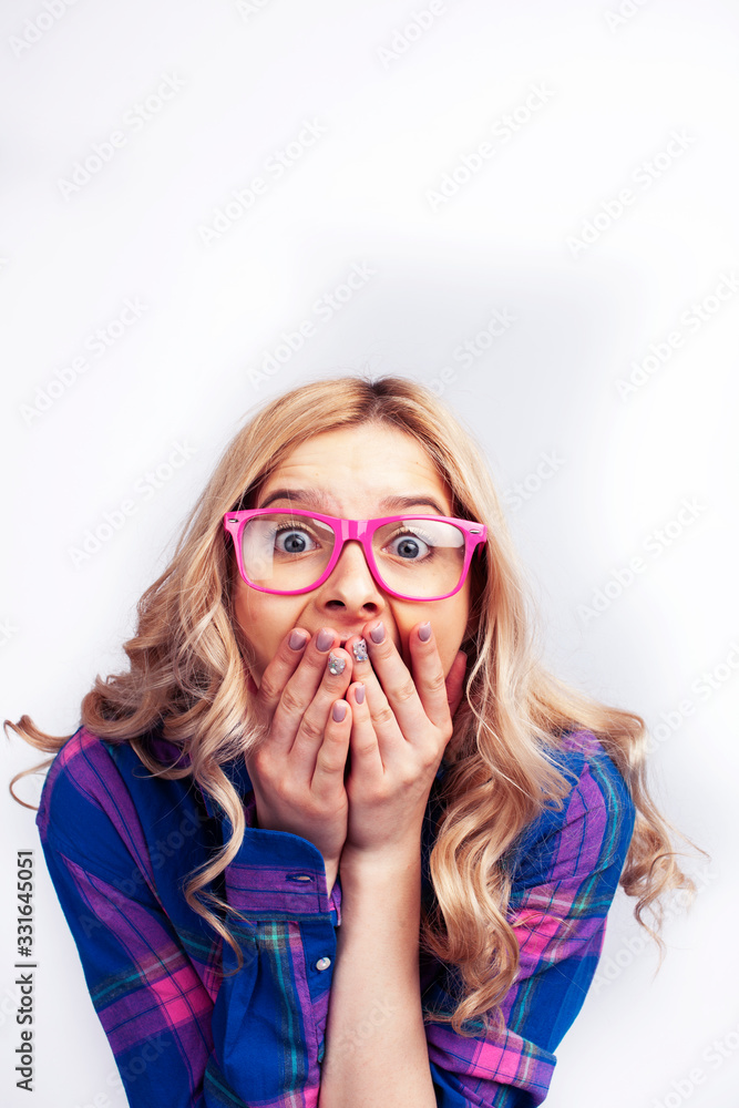 young pretty blond teenage hipster girl in glasses posing emotional happy smiling, gesturing isolated on white background, lifestyle poeple concept young pretty blond teenage hipster girl in glasses posing emotional happy smiling, gesturing isolated on white background, lifestyle poeple concept
