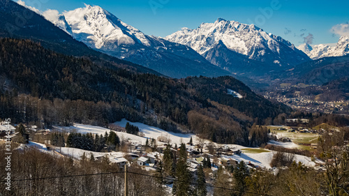 Beautiful winter landscape with mountains in the background near Berchtesgaden, Bavaria, Germany
