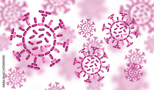 Coronavirus 2019-nCov novel coronavirus concept resposible for asian flu outbreak and coronaviruses influenza as dangerous flu strain cases as a pandemic. The virus is made up of purple pills.