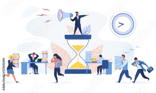 Time management concept. Office workers trying to finish work before the deadline. Working in high stress conditions and under hard boss pressure. Vector illustration