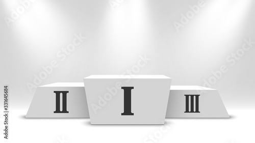 White winners podium with spotlights. Pedestal. Vector illustration.
