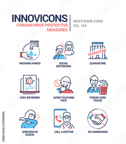 Coronavirus protective measures - line design style icons