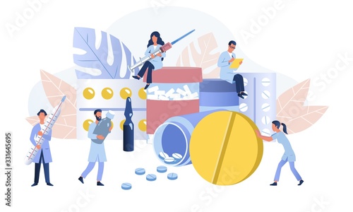Pharmacy or apothecary concept. Pharmacists care about people. Pharmaceutical science development. Flat vector Illustration