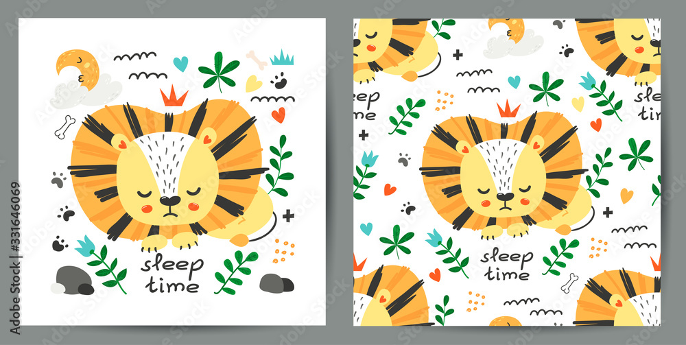 Set of cute poster and seamless pattern with lions