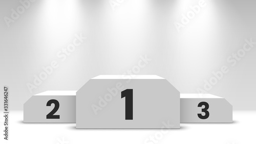 White winners podium with spotlights. Pedestal. Vector illustration.