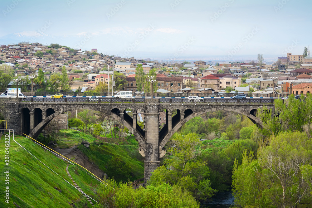 A view of Victory Bridge over Hrazdan river in Yerevan city, Armenia