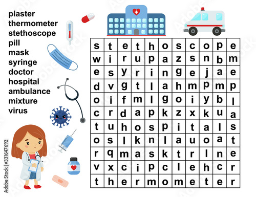 Educational word search game. Crossword for children. Healthcare and medicine tools. Printable worksheet.