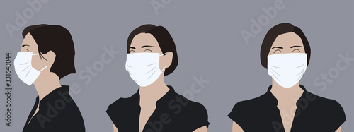 Realistic illustration of a young woman wearing a medical mask