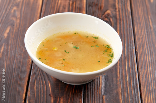 vegetable soup in the white bowl