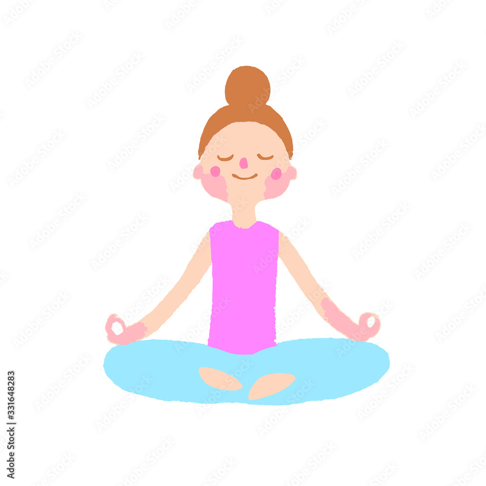 Cute girl relaxed doing yoga. Woman in lotus position. Cartoon stock vector illustration