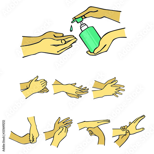 Hand washing instructions in color drawing vector set