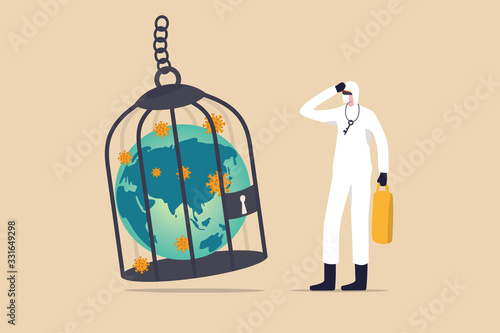 Coronavirus COVID-19 lockdown or quarantine, restricted access to country combat with COVID-19 virus outbreak, medical worker full protective gear with key after locked sick earth planet in cage