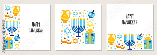 Cute set of Happy Hanukkah, Festival of Lights backgrounds in flat style
