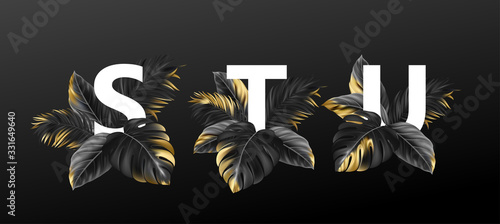 Alphabet letters in black with golden exotic tropical leaves of plants. Luxurious design concept for advertising, booklets, posters, flyers. Vector illustration