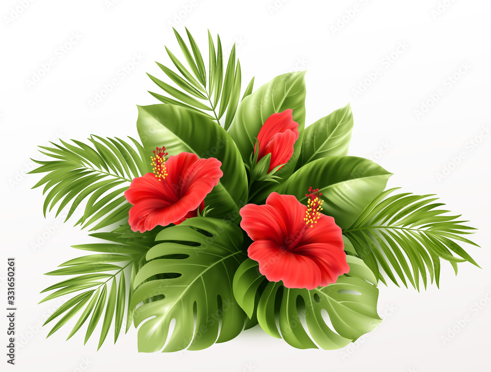 Exotic Tropical hibiscus flowers and monstera leaves, palm leaves of tropical plants isolated on white background. Vector illustration - obrazy, fototapety, plakaty 