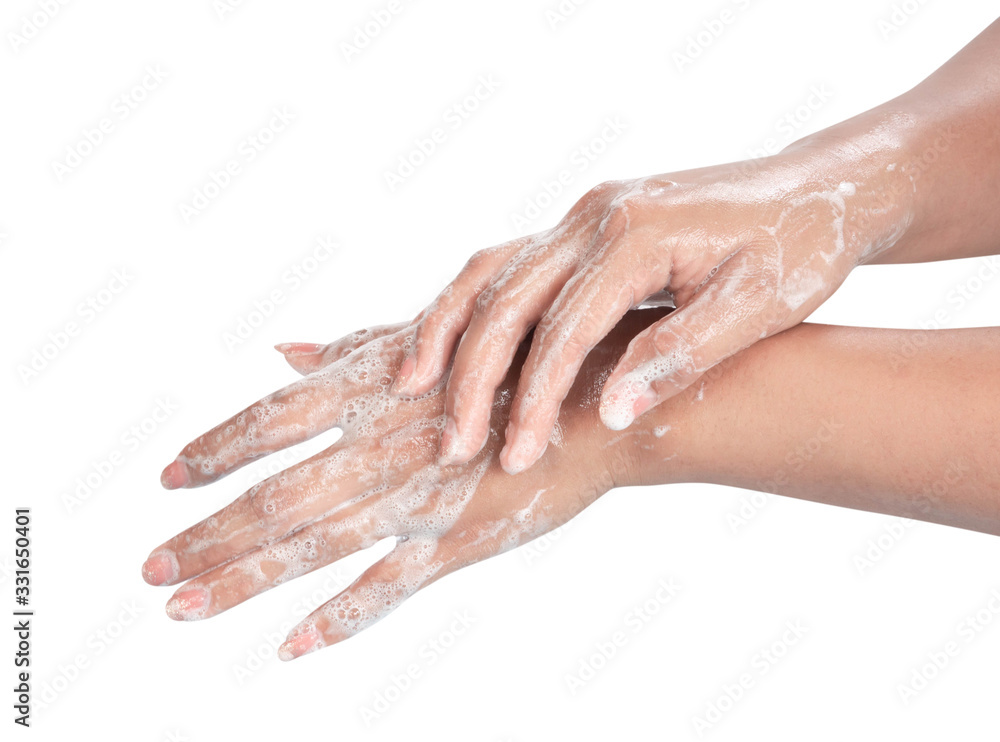 Closeup woman's hand washing with soap on white background, health care concept