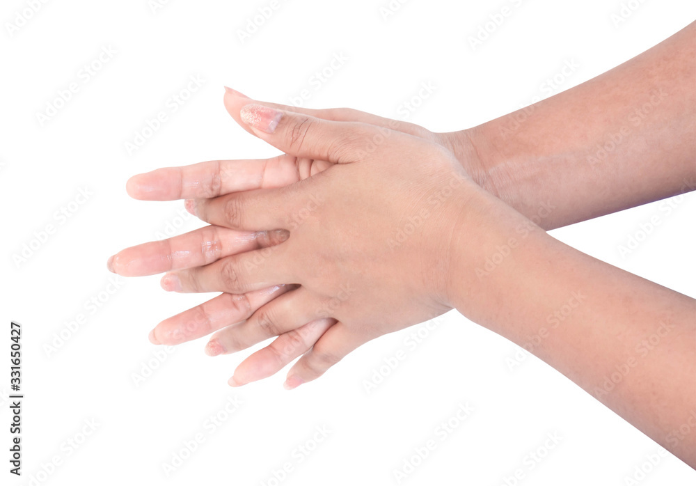 Closeup woman hand washing with alcohol gel on white background, health care and medical concept