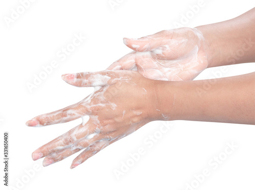 Closeup woman s hand washing with soap on white background  health care concept