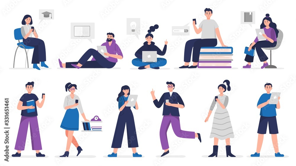 Cute people study and read books on phones, laptops, computers and tablets. Digital library Vector illustration concept.