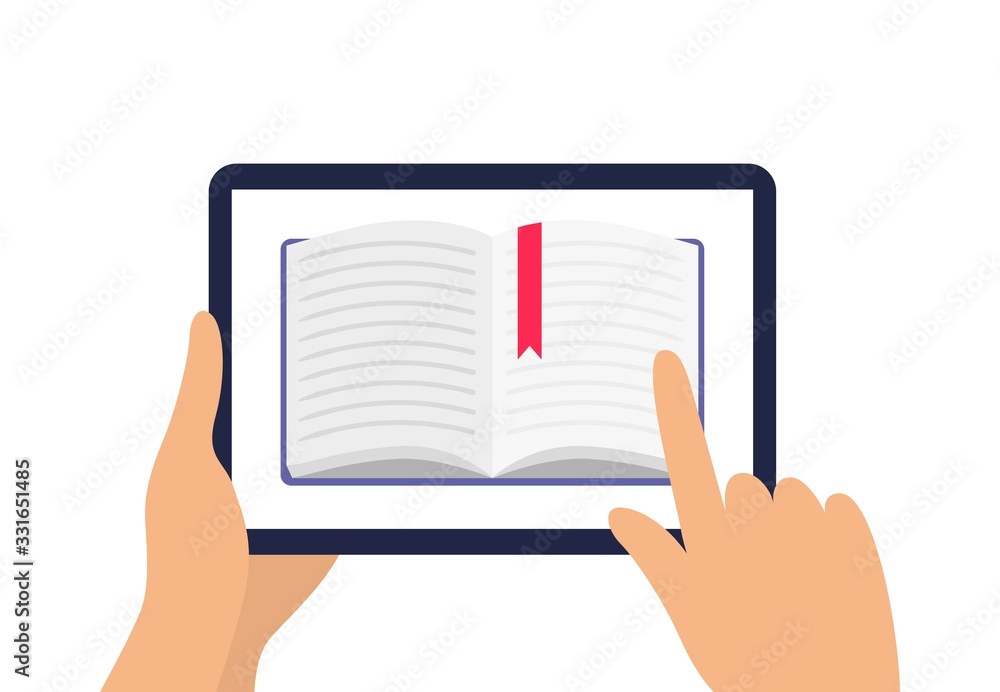 Human learning and reading a book on a tablet. Finger turning page on e-book. Flat Vector can be used by libraries, apps, landing pages, stores, schools or e-commerce. Human learning and reading a book on a tablet. Finger turning page on e-book. Flat Vector can be used by libraries, apps, landing pages, stores, schools or e-commerce.