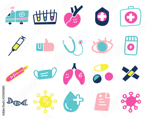 Coronavirus hand drawn icons, Cute health care doodle collection. Health Care icon set, Corona Virus Disease (COVID-19) infographic design element vector illustration.