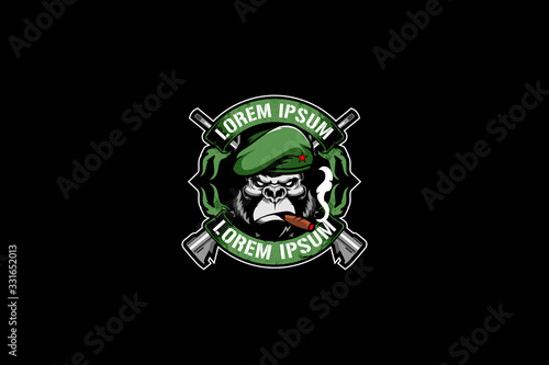 Gorilla soldier with cross rifle cartoon character vector shield logo template