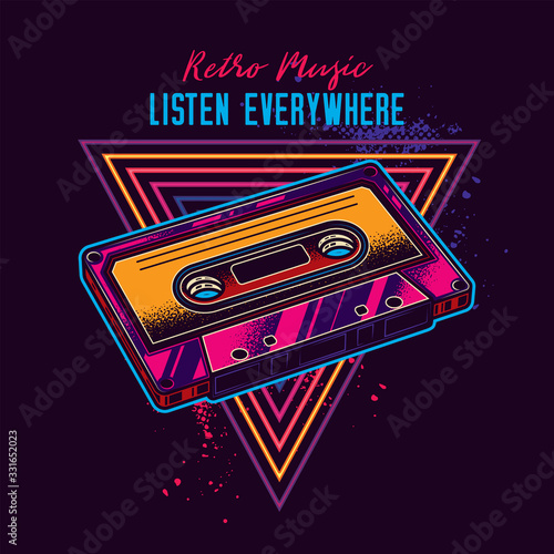 Vintage music cassette with magnetic film in neon style. Original vector illustration.
