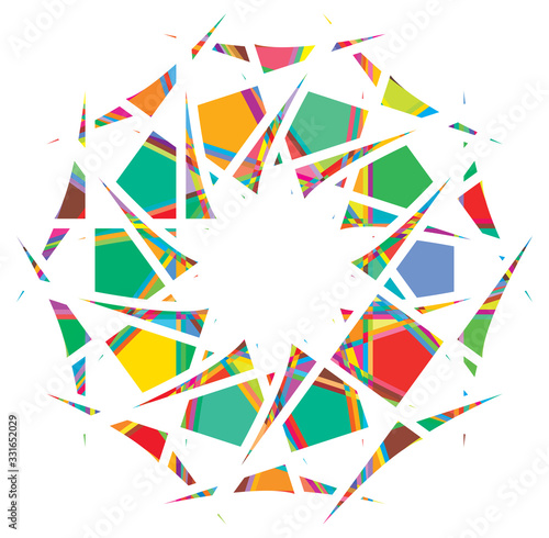 Shattered crystal, gem-like mandala imagery. Crystallized, fragmented, ruptured illustration. Abstract tessellating shape. Colorful geometric decoration, ornament