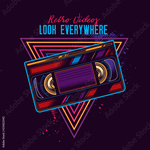 Old VHS videotape in retro style. Vector illustration in neon style.