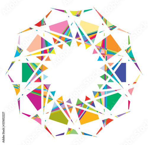 Shattered crystal, gem-like mandala imagery. Crystallized, fragmented, ruptured illustration. Abstract tessellating shape. Colorful geometric decoration, ornament