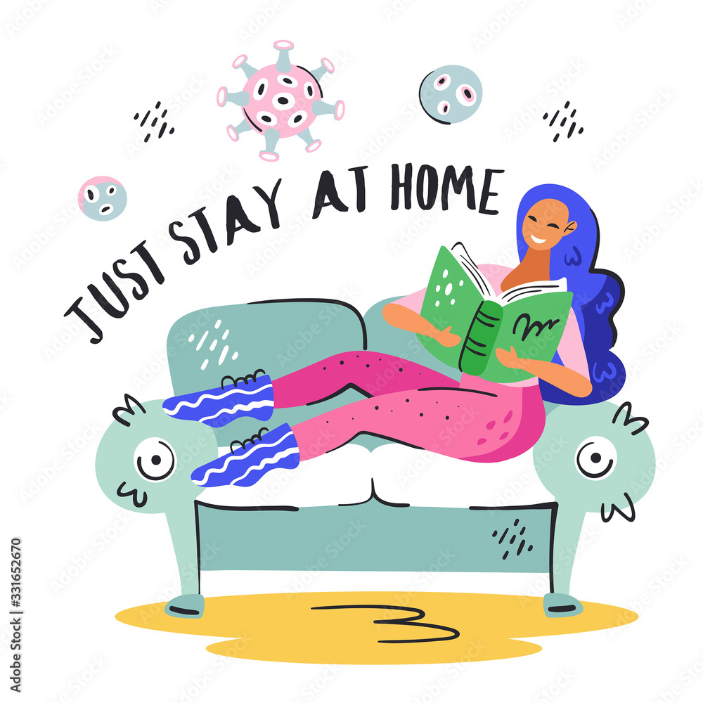 Fototapeta premium Just stay at home. Young smiling girl with blue hair on the couch. Coronavirus pandemic self isolation, health care, protection. Flat colourful vector illustration icon sticker isolated on background